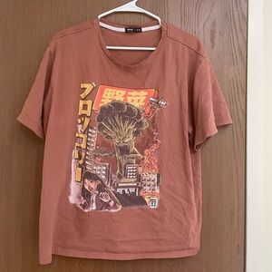 Romwe (Size L) Brown Graphic Tee, Broccoli Version of Godzilla